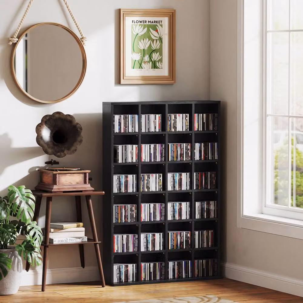 STILVORA Black Matt CD Storage Unit with Adjustable Shelves and Media Compartments, W/D/H: 130.5 x 20.0 x 89.0 cm – 9