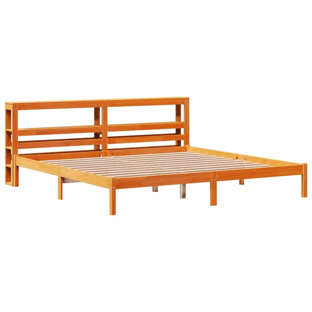 Berkfield Home Solid Pine Bed Frame with Headboard and Side Compartments in Wax Brown, 200 x 200 cm