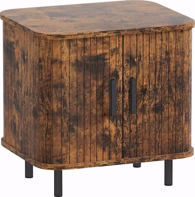 HOMCOM Nordic Bedside Table with Roller Shutter Sliding Doors and Metal Legs in Rustic Brown