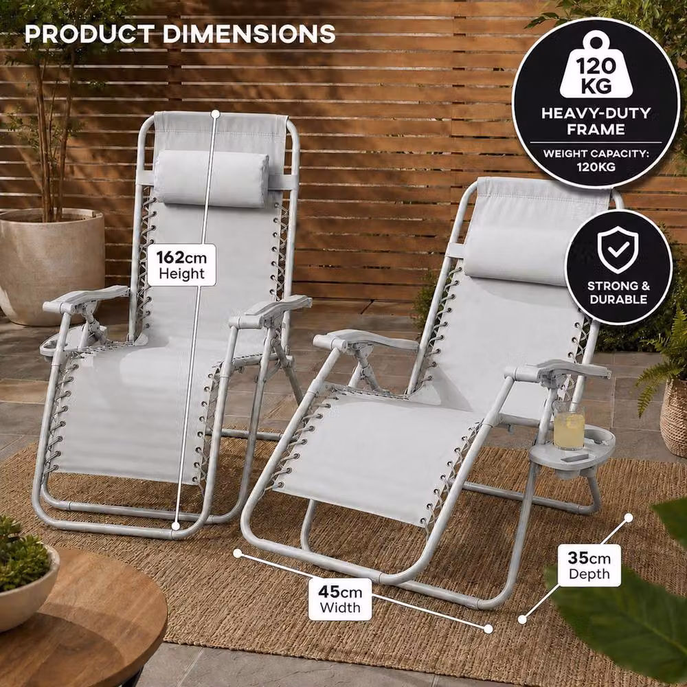 Neo Zero Gravity Recliner Garden Sun Loungers in Light Grey with Adjustable Headrest and Side Tray – 5
