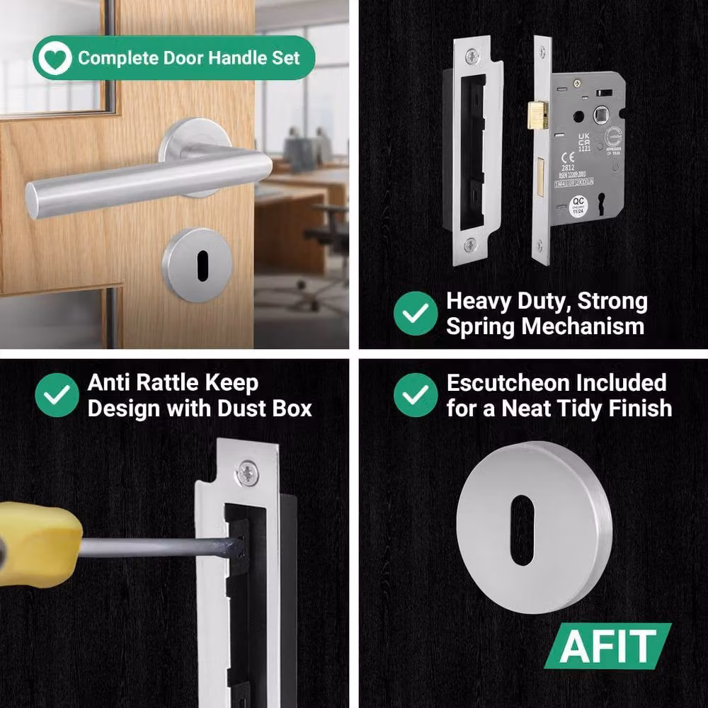 AFIT Silver Satin Lever on Round Rose Door Handles and Key Lock Kit in Brushed Stainless Steel – 3