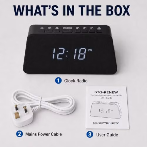 Grouptronics GTQ-RENEW Wireless Charging Alarm Clock Radio with FM Radio and USB Charging, Black with Black Cloth Screen – 8