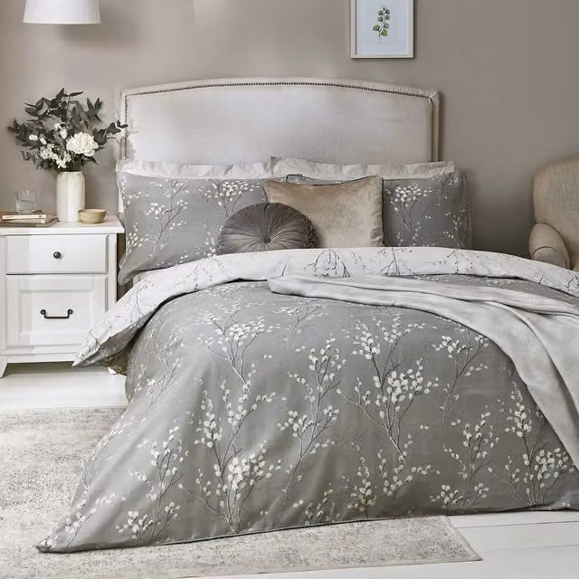 Laura Ashley Pussy Willow Reversible Floral Cotton Mako Satin Duvet Cover and Pillowcase Set in Grey