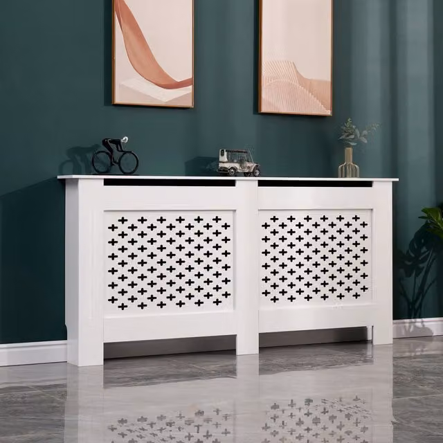 WestWood Large White MDF Wooden Wall Shelf Radiator Cover with Geometric Cross Design