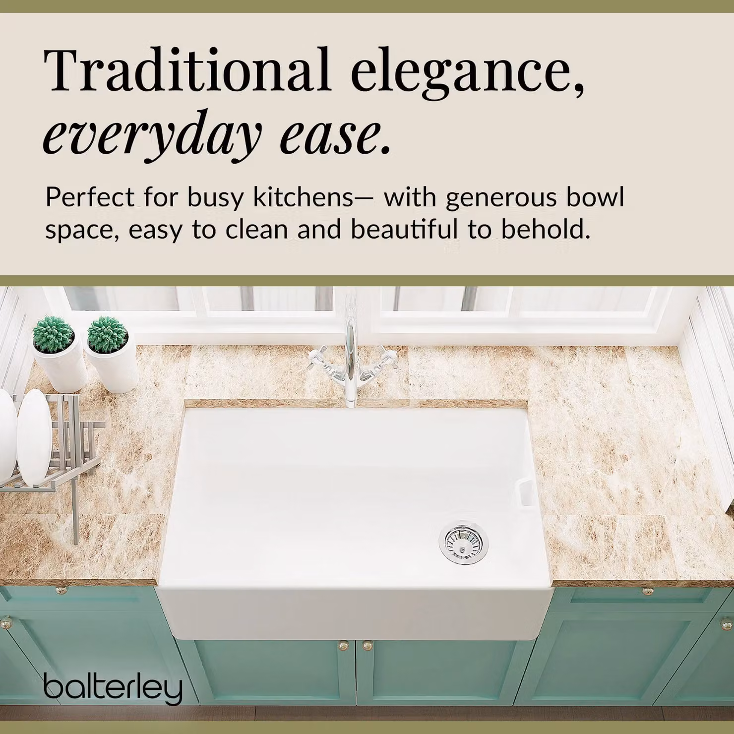 Balterley White Ceramic Belfast Fireclay Sink with Overflow, Mixer Tap and Waste, W: 79.5 cm – 3