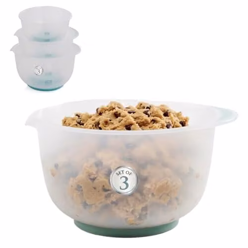 Orsina Set of Three Durable Plastic Bowls in Green, White and Transparent with Built-in Measurement Scale