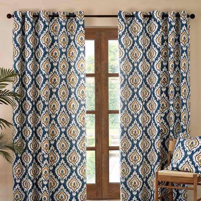 Pineapple Elephant Ethnic Animal Graphic Cotton Eyelet Curtains in Teal Green and Petrol Multicolour