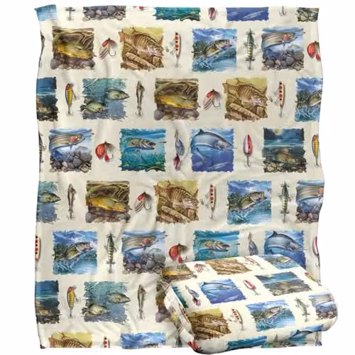 JQ Licensing Fish Paintings and Fishing Lures Pattern Super Soft Fleece Throw Blanket, W/D/H: 152 x 127 cm, White and Multicolour – 1
