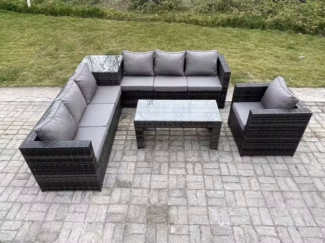 Fimous 7 Seater Rattan Corner Sofa Set with Square Side Table, Oblong Coffee Table and Armchair in Dark Grey