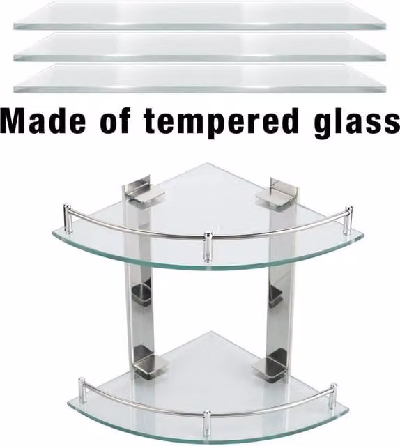 NESTLUNE Wall Mounted Glass Corner Shelf for Bathroom and Kitchen Storage in Clear – 1