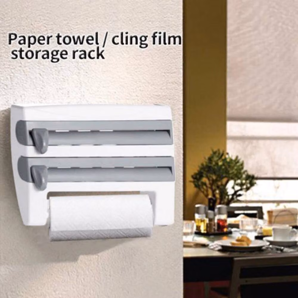 VOGREX Wall Mounted Kitchen Wrap and Paper Towel Holder with Shelf in White – 3