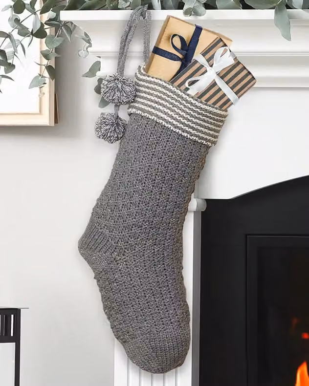 Dibor Set of 4 Grey and Gold Chunky Knit Pom Pom Christmas Stockings – 3