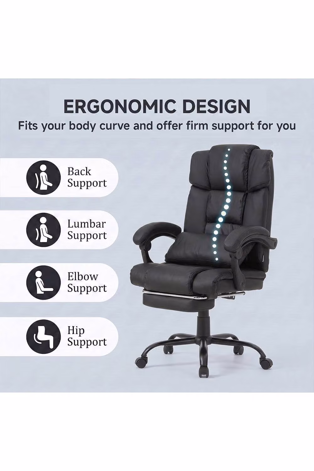 Living and Home Ergonomic Executive Office Chair in Black Synthetic Leather with Headrest and Armrests – 2