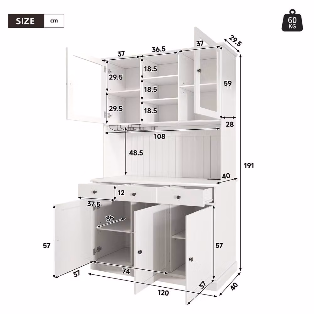 Merax Welsh Dresser Kitchen Cabinet with Charging Station and Glass Holder in White, H 191 x W 120 x D 40 cm – 3