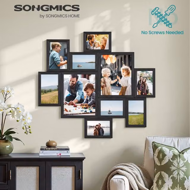 SONGMICS Set of 10 Black Rectangular Gallery Wall Picture Frames for Modern Collage Displays