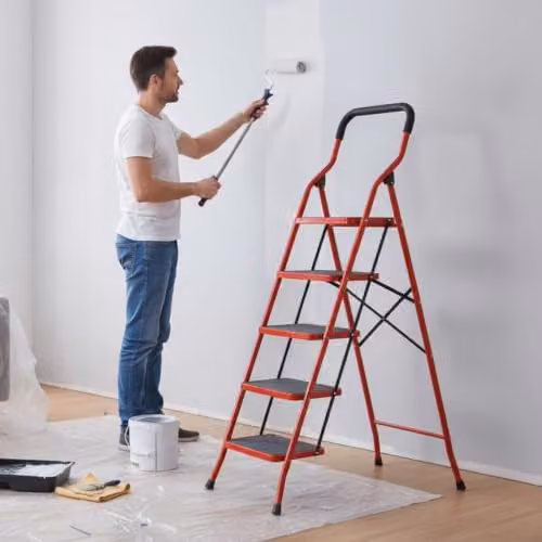 TUFFMATE 5 Step Folding Steel Step Ladder with Handrail and Non-Slip Treads, Red – 3