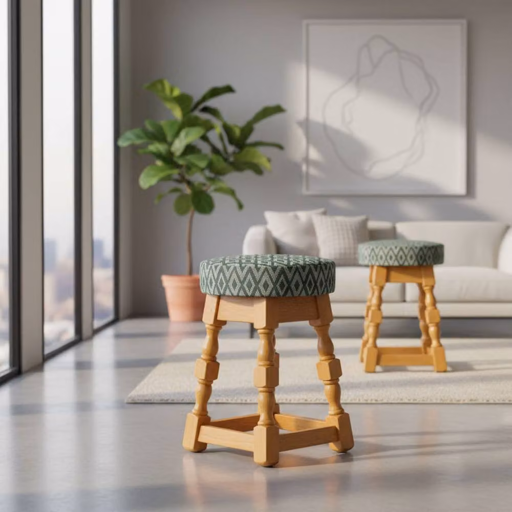 netfurniture Closo Classic Soft Oak Low Bar Stool with Green Diamond Seat, Pack of 2 – 2