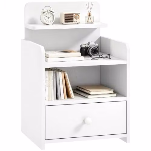 HOMCOM White Bedside Cabinet with Drawer and Shelf for Bedroom or Living Room – 1