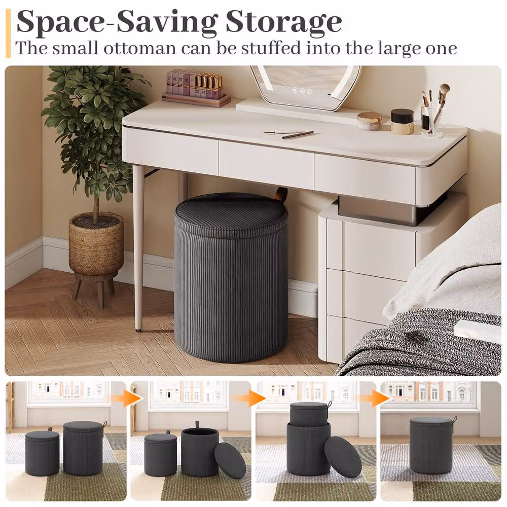 Costway Set of 2 Modern Round Upholstered Vanity Stools with Removable Lids in Grey – 4