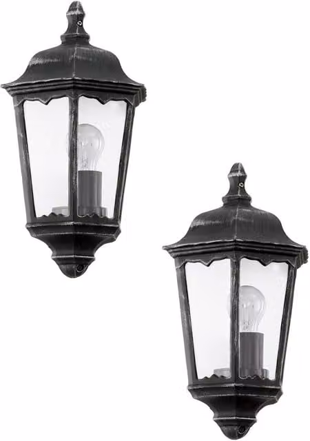 Loops 2 Pack IP44 Outdoor Wall Lantern in Black and Silver Patina with Transparent Glass, E27, 60W – 1