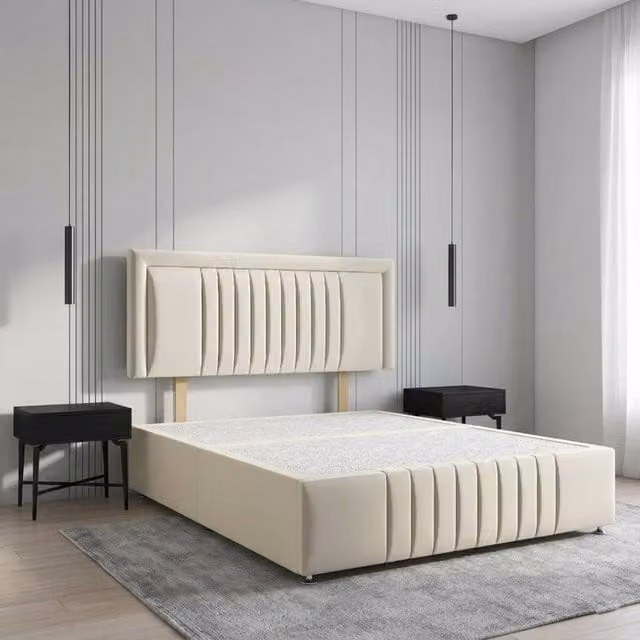 Regional Furnishings Plush Velvet Divan Bed Base with 24 inch Headboard and Footboard in Beige, Super King, W/D/H: 200 x 200 cm