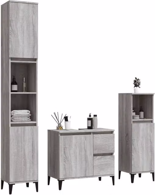 Berkfield Home Modern 3 Piece Grey Bathroom Cabinet Set with Vanity and Tall Unit – 1