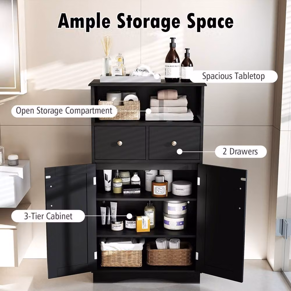 Gymax Black Matt Freestanding 2-Door Bathroom and Kitchen Storage Cabinet with Internal Shelves and Drawers – 6