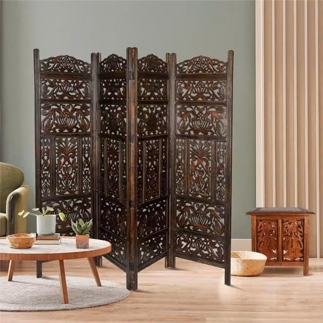 Topfurnishing 4 Panel Heavy Carved Wooden Room Divider with Floral Leaves Design in Brown and White