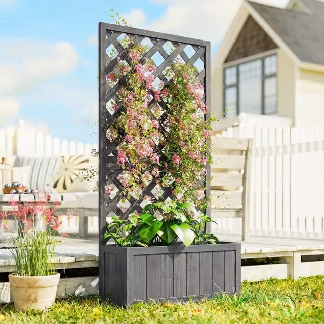 Outsunny Grey Wooden Pine Trough Planter for Ornamental, Vegetable and Herb Gardens
