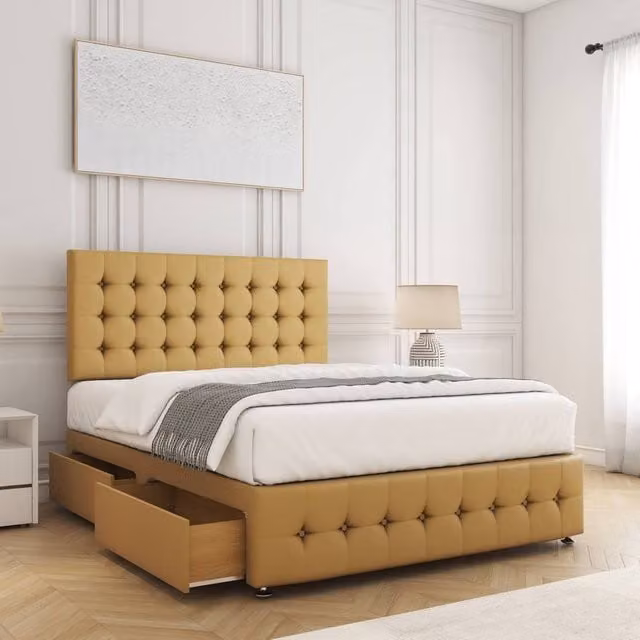 BSSPOKE Eva King Size Divan Bed with 24 inch Headboard and 2 Drawers in Mustard Yellow Plush Velvet