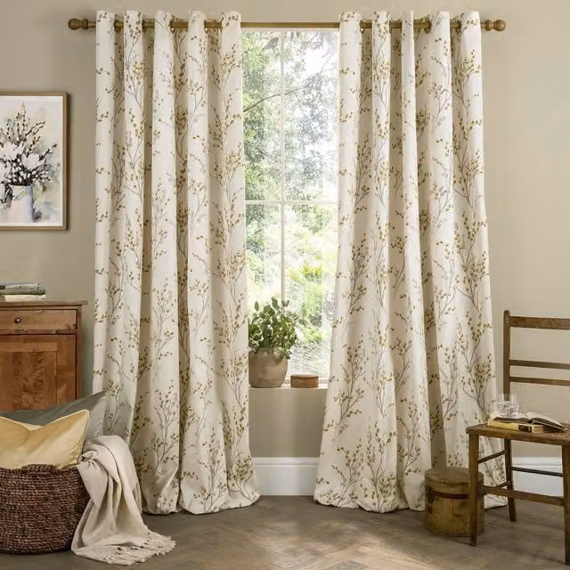 Laura Ashley Pussy Willow Floral Eyelet Curtains in Ochre Yellow and Beige