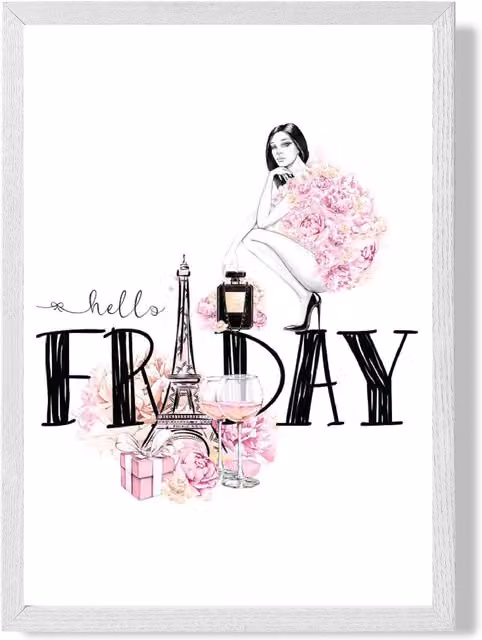 ARTZE Hello Friday Fashion Illustration Quote Framed Print, Pink and White
