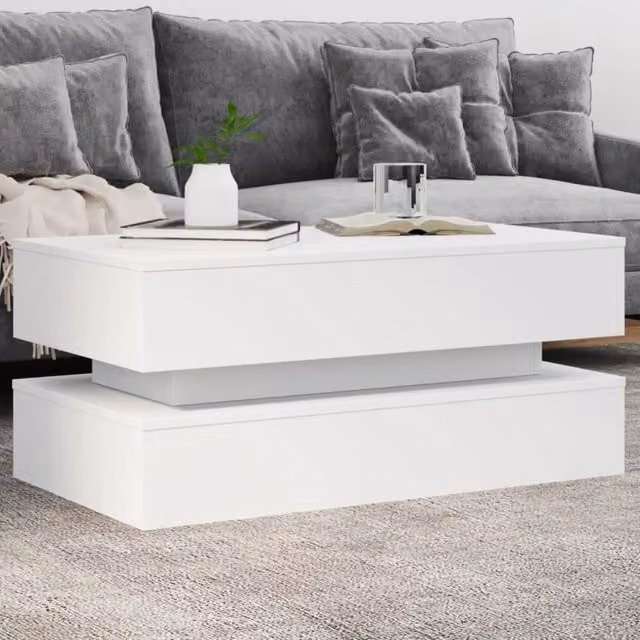 Berkfield Home Modern White Glossy Coffee Table with LED Lights W/D/H: 90 x 50 x 40 cm – 1