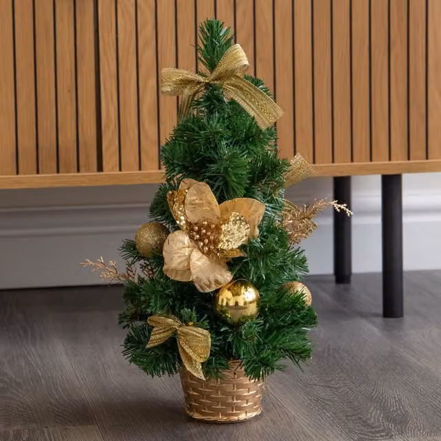 Samuel Alexander 40cm Green Fir Mini Christmas Tree with Gold Baubles, Ribbons and Poinsettias – 1