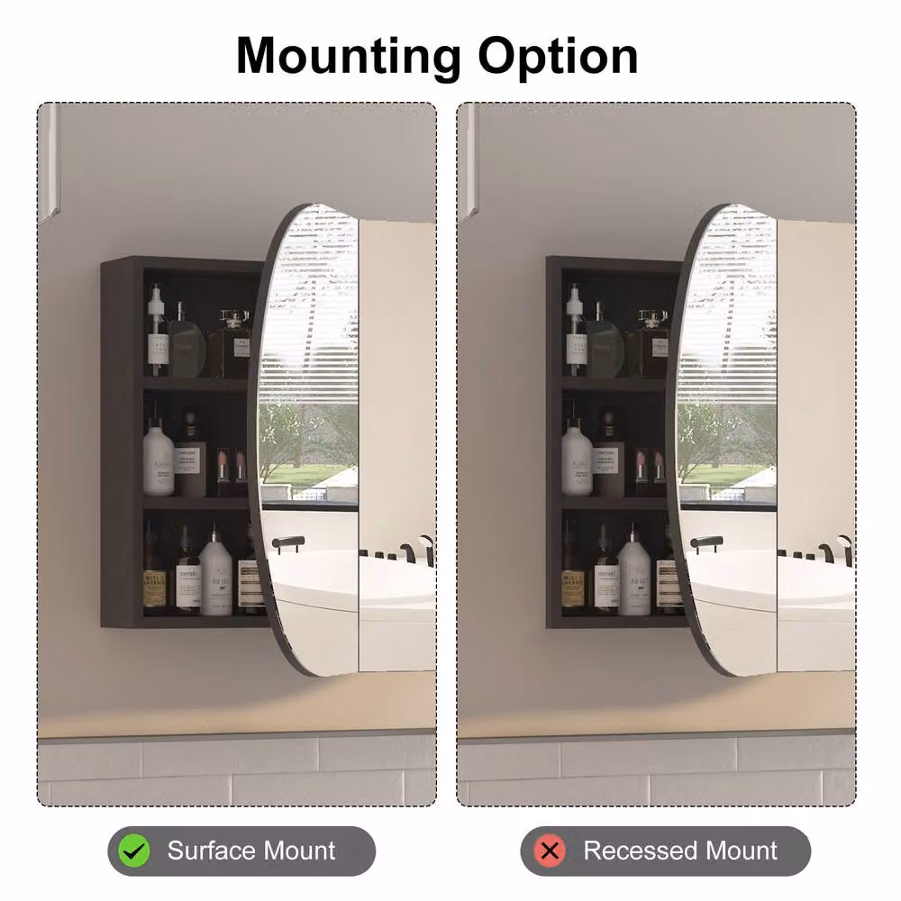 KEEPREAPER Black Oval Bathroom Mirror Cabinet with 2 Folding Doors, W: 60 cm, H: 96 cm, D: 11.43 cm – 3