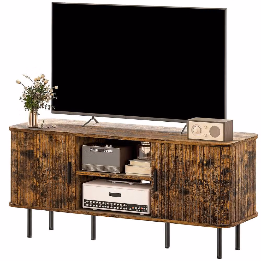STILVORA Mid-Century TV Stand with Shelves and Cupboards in Brown and Black – 5