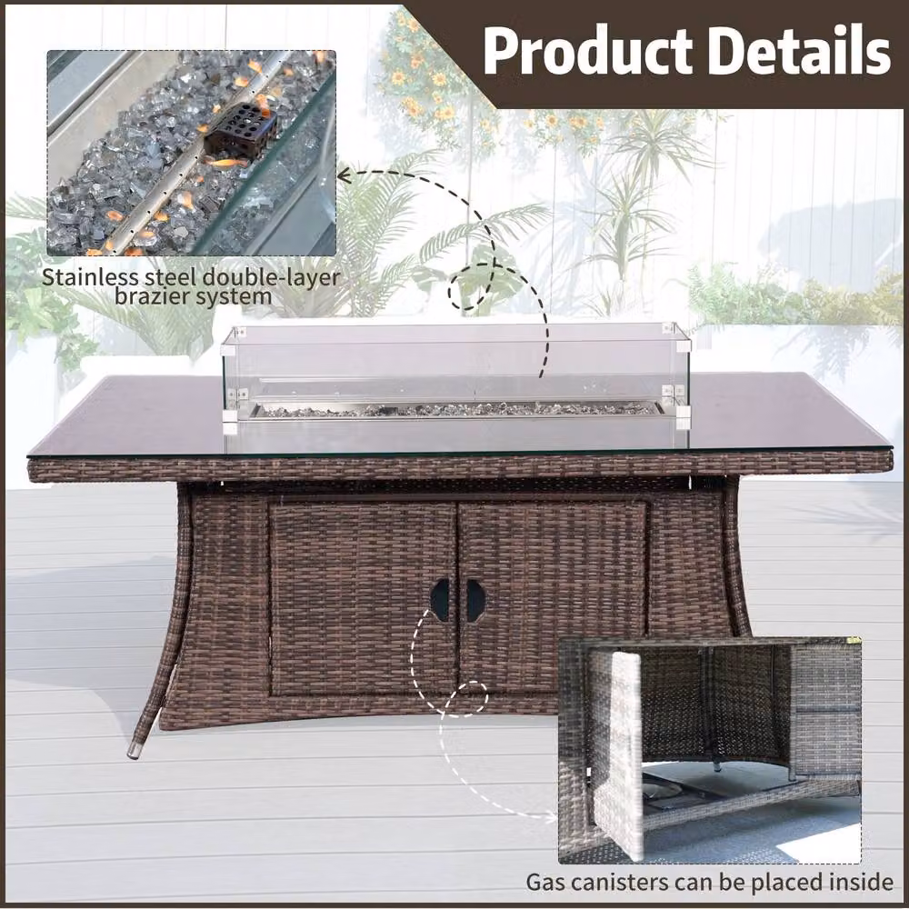 Direct Wicker 7-Piece Outdoor Dining Set with Brown Polyrattan Fire Pit Table and Glass Top for 6 Adults – 3