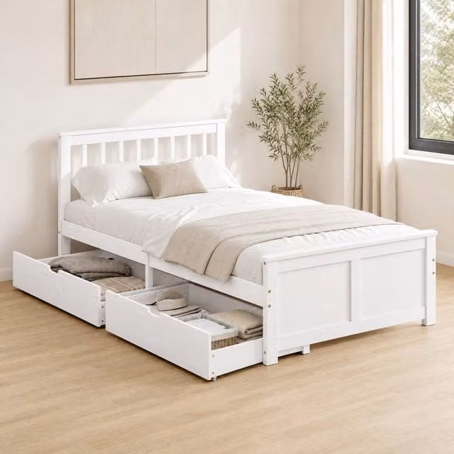 STILVORA Single Bed Frame with Drawers in White Solid Pine Wood
