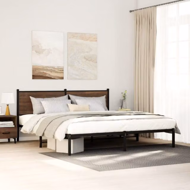 Berkfield Home Metal Bed Frame in Brown Oak, W/D/H: 160 x 200 cm – 1