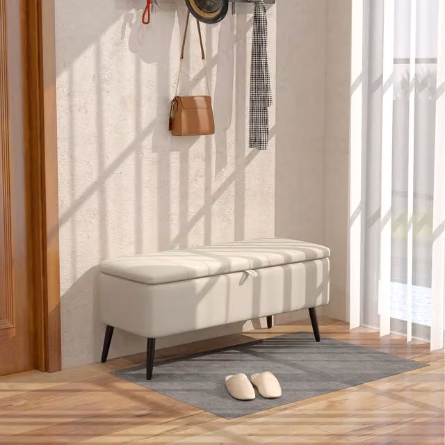 HOMCOM Rectangular Upholstered Storage Ottoman Bench with Flip Top and Removable Pad in Cream