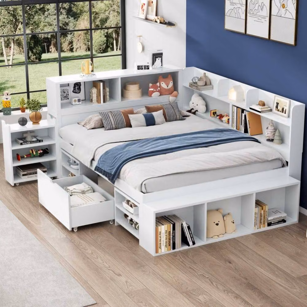 STILVORA Childrens Double Bed with Drawers and Storage in White, W/D/H: 140 x 200 cm – 2