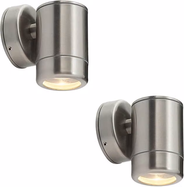 Loops 2 Pack Outdoor IP65 Wall Downlight, Dimmable 7W LED GU10, Silver Stainless Steel and Glass
