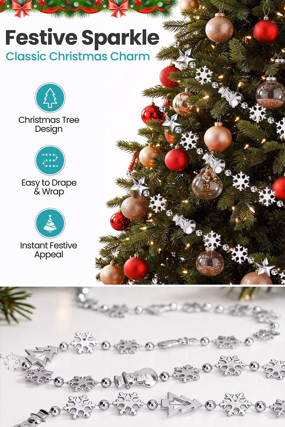 Neel Blue Christmas Bead Chain Garland with Silver Snowflake and Tree Motifs – 3