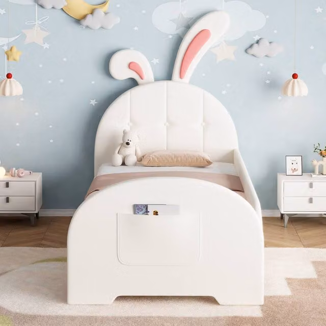 Merax White PU Leather Bunny Upholstered Childrens Bed Frame with Side Compartments W/D/H: 90 x 190 x 220 cm