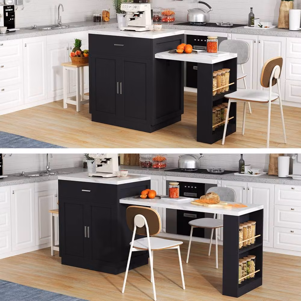 Merax Kitchen Island Cabinet with Extendable Dining Table and Charging Station in Black – 3