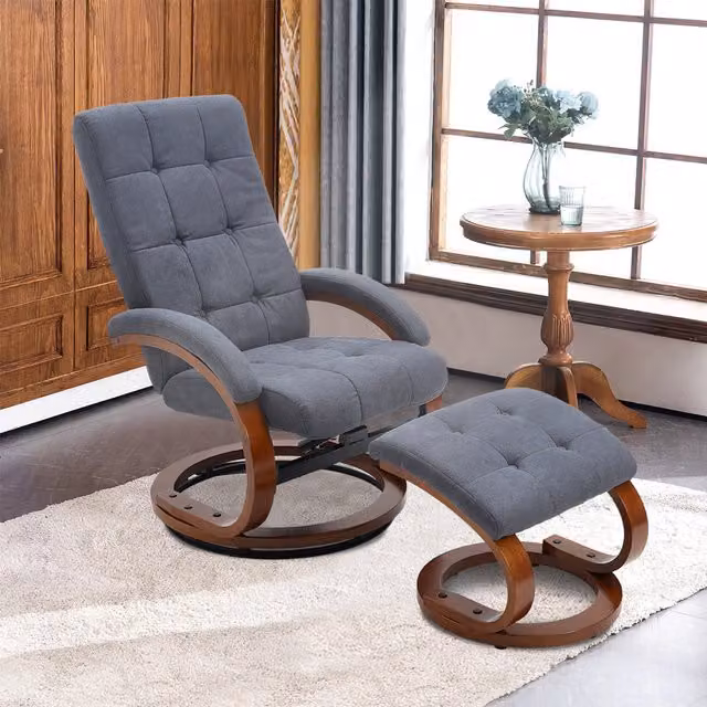 Livingandhome Grey Velvet Upholstered Swivel Recliner Chair with Footstool