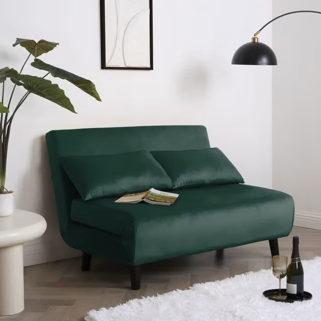 Home Garden Direct Aurora Small Double Sofa Bed in Green Velvet with Pull Out Frame and Scatter Cushions, 120 x 200 cm