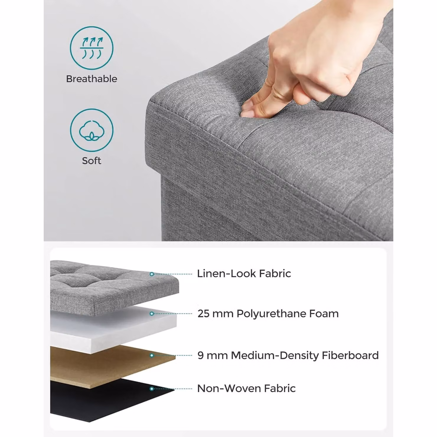 SONGMICS Small Cube Storage Ottoman and Folding Foot Rest in Light Grey – 3