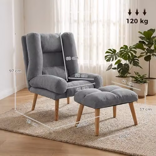 HOMCOM Grey Fabric Recliner Chair with Matching Ottoman and Wooden Legs – 3