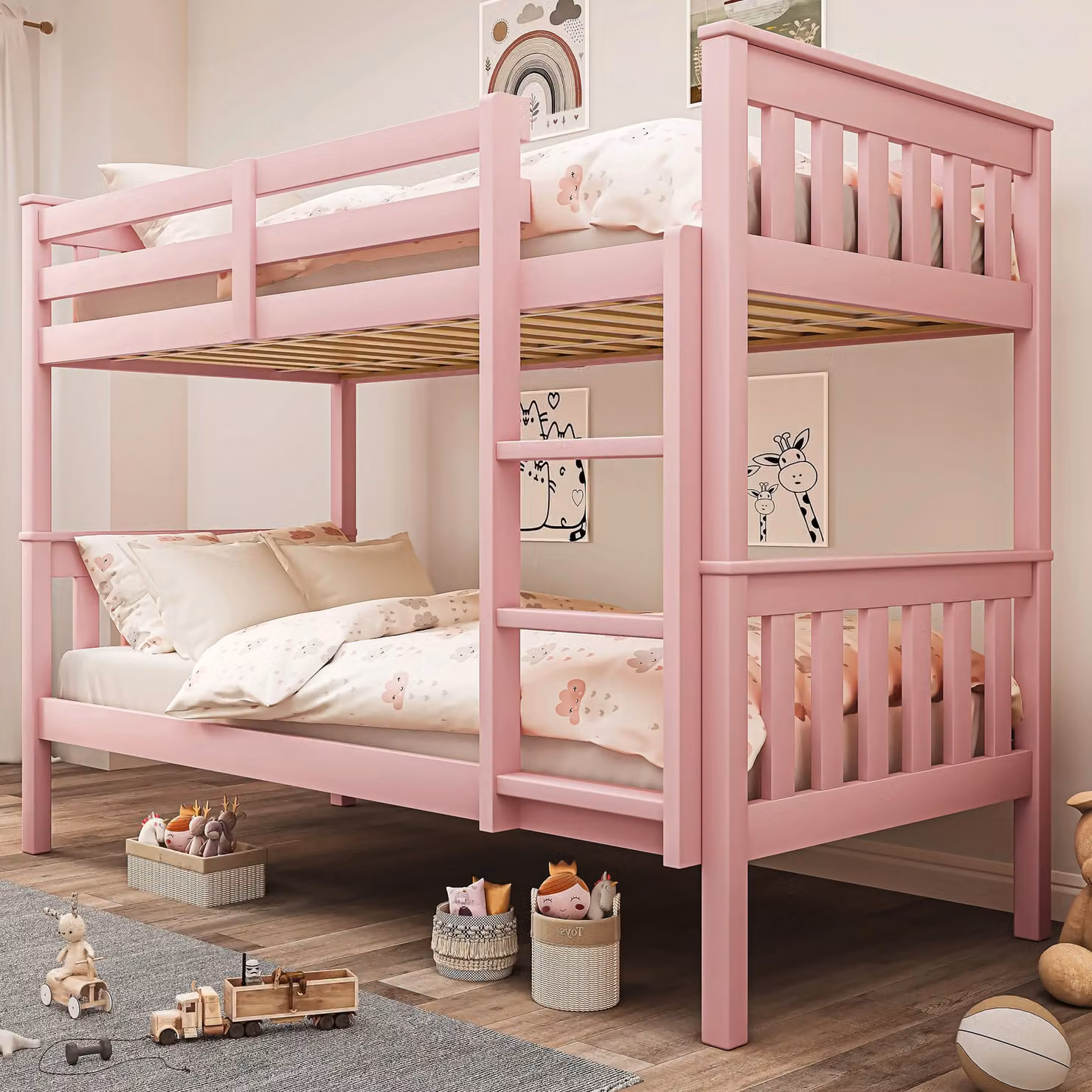 DHS Solid Pine Wood Detachable Double Bunk Bed in Pink